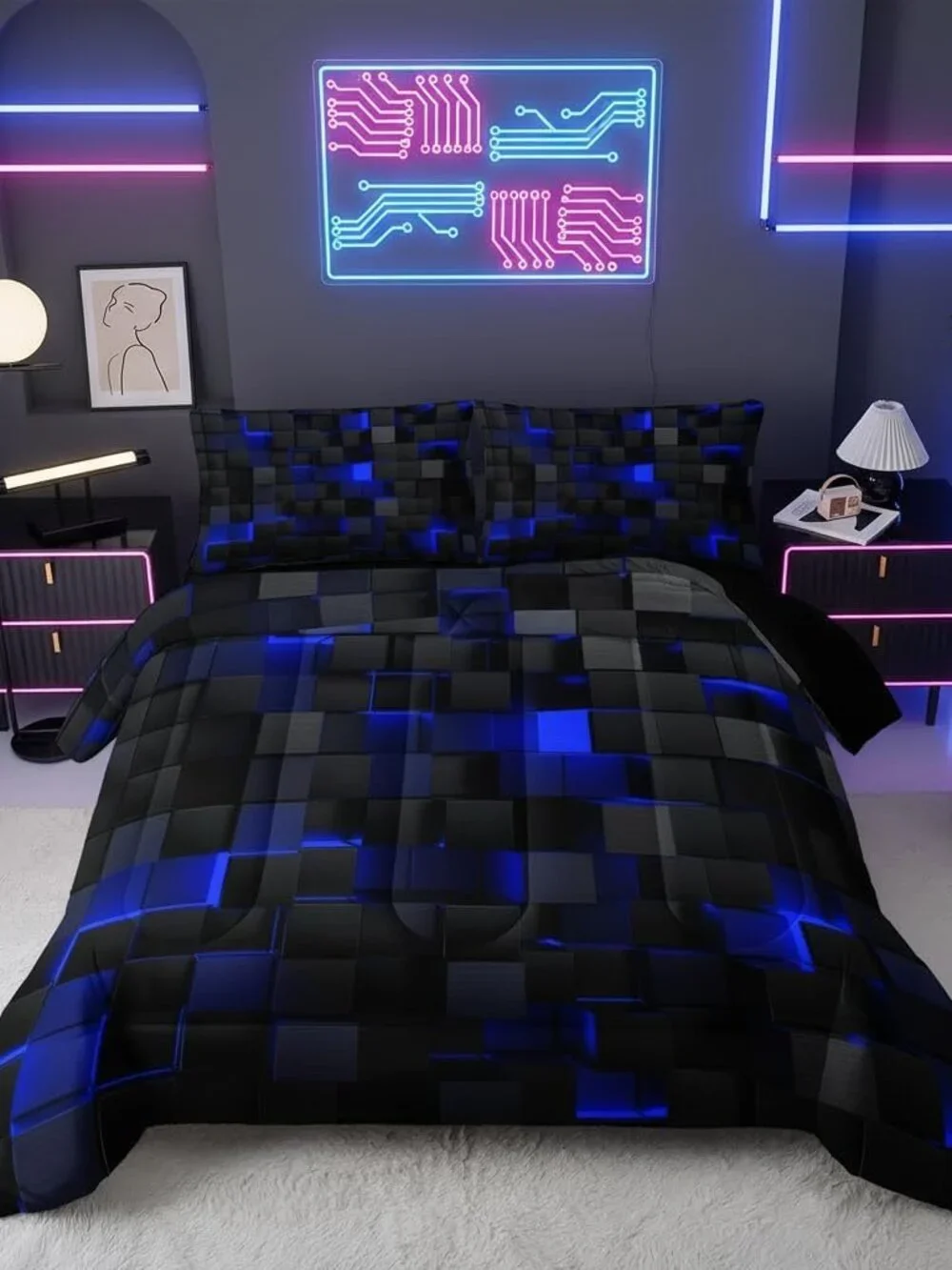 3D Abstract Geometric Kids Comforter Set, Blue Black Neon Light Honeycomb Boys Q